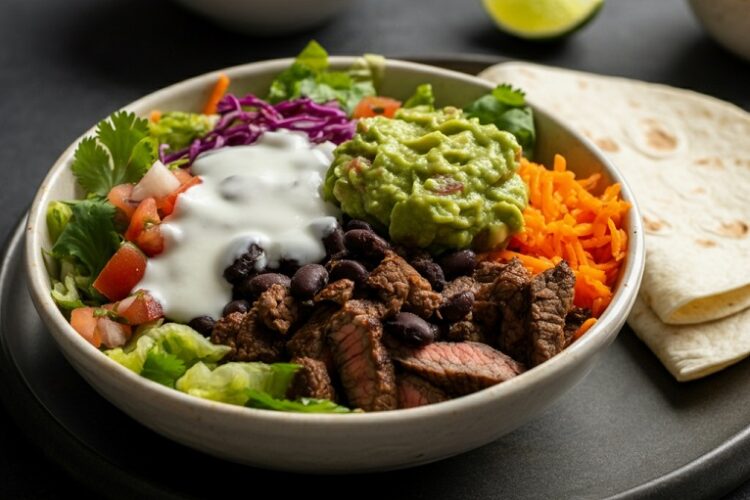 Burrito Bowl de Carne com Feijão Preto e Guacamole