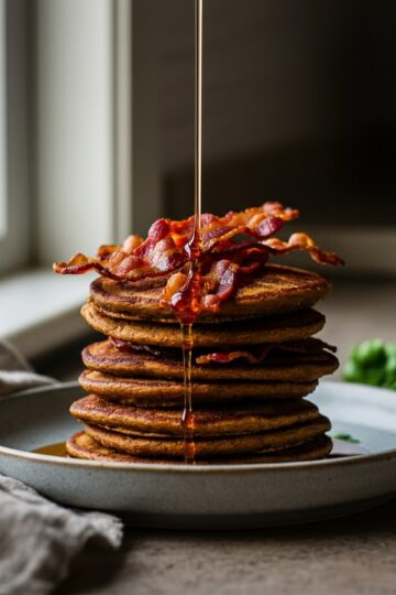 Panqueca Americana Salgada com Bacon Vegetal e Maple Syrup