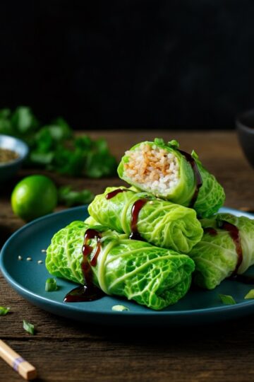 Rolinhos de Couve com Arroz Oriental e Molho Teriyaki