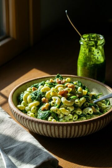Salada de Macarrão com Pesto de Espinafre e Nozes